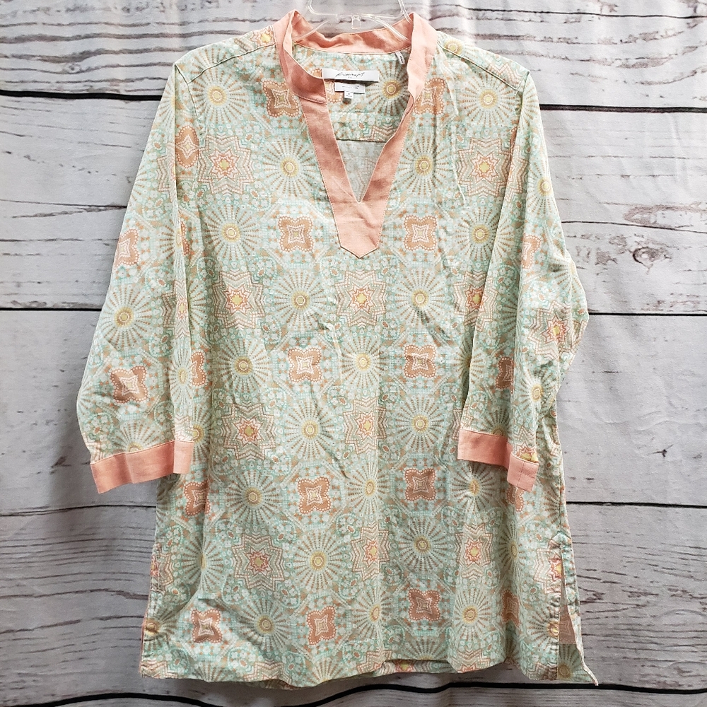 Foxcroft Womens 12 Wrinkle Free Green Orange 3/4 Sleeve Tunic Shirt Top Cotton